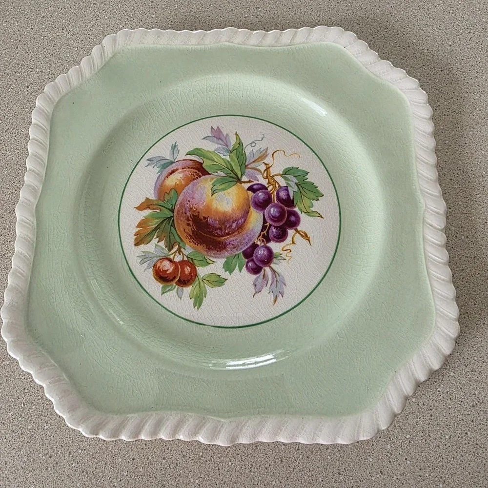 Johnson Bro Square Plate Fruit Pattern California Green White Braid England 7.5